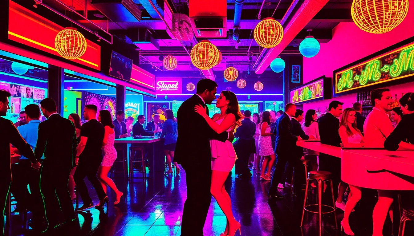 A vibrant, high-contrast silkscreen illustration depicting a lively dance scene in a bar, with a repeating grid of brightly colored, stylized figures moving to the music.