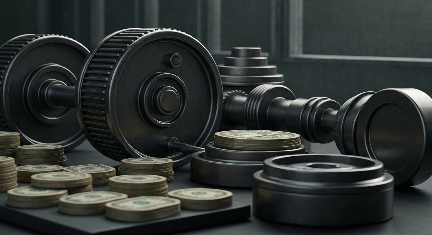 An extreme close-up of intricate, industrial-looking financial machinery and equipment, conveying a sense of the complex, high-stakes world of stock trading and market regulation.