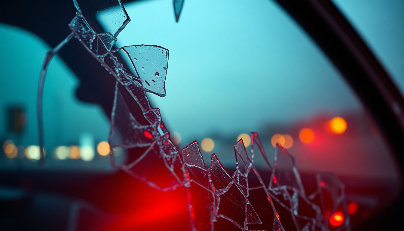 An extreme close-up photograph of a shattered car window, the shards of glass reflecting a faint red glow, conceptually representing the aftermath of a tragic event and the unwarranted targeting of a minority community.