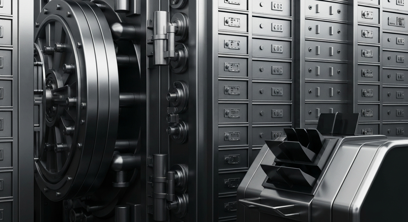 An extreme close-up of heavy, industrial banking equipment and machinery, conveying a sense of financial security and institutional strength without using any literal currency or financial symbols.
