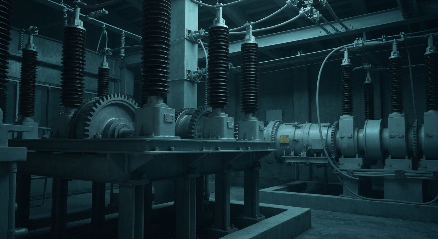 A highly detailed, cinematic close-up image of the complex machinery and gears inside an electrical substation, conveying the technical sophistication and scale of Duke Energy's power grid without using any text or identifiable elements.