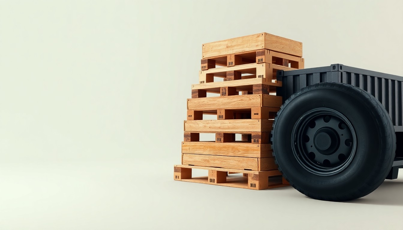 A photorealistic studio still life featuring a stack of shipping pallets, a cargo container, and a truck tire arranged elegantly on a clean, monochromatic background, symbolizing the logistics and transportation industry.