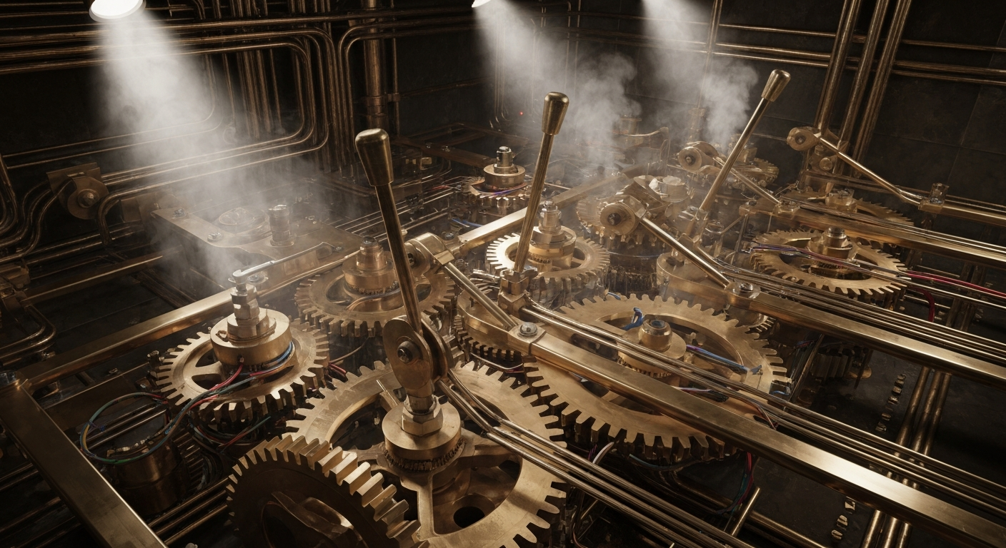 An extreme close-up of a tangle of metal gears, levers, and industrial components, conceptually representing the complex financial infrastructure behind social media platforms.