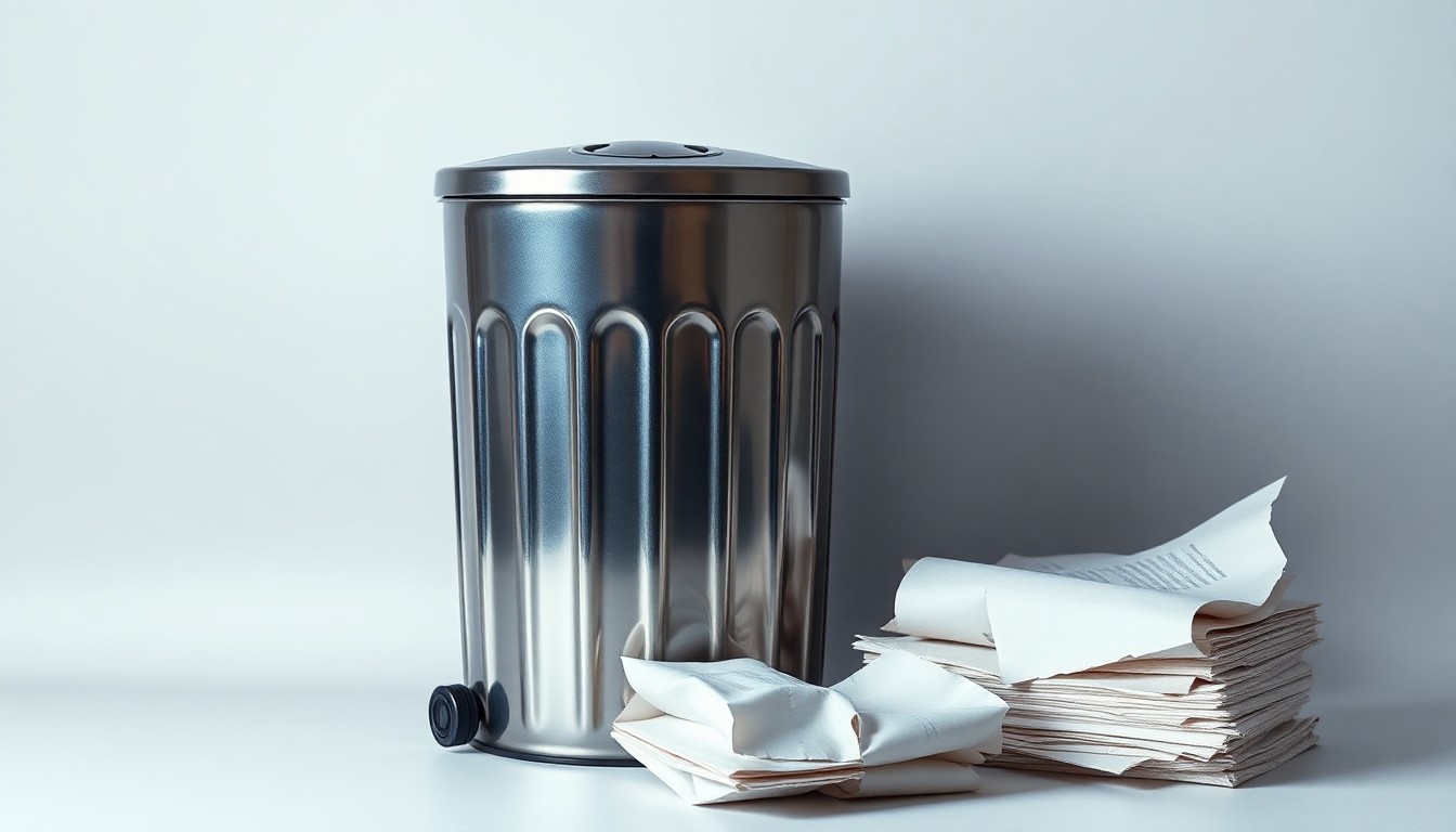 A photorealistic studio still life featuring a polished metal trash can, a recycling bin, and a stack of recycled paper, conceptually representing the core waste management and recycling services of Waste Management, Inc.