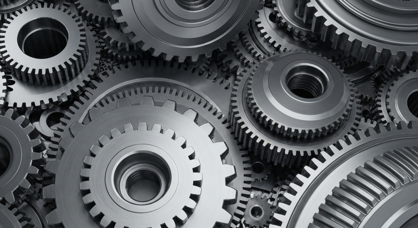 A highly detailed, cinematic close-up of heavy, industrial machinery in shades of steel grey and silver, conveying the tangible strength and financial security of the defense sector.