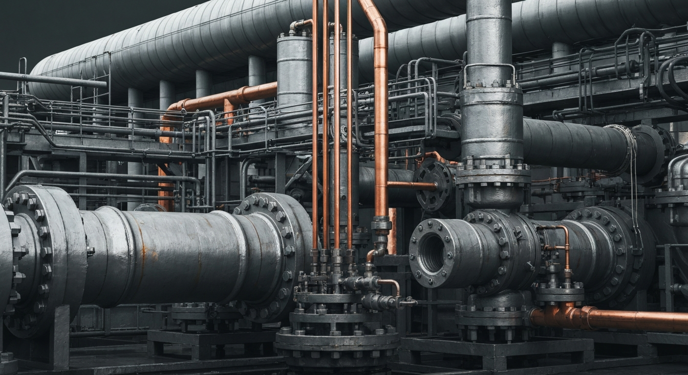 An extreme close-up of industrial oil and gas equipment, including pipes, valves, and gauges, conveying the physical scale and financial weight of the energy industry.