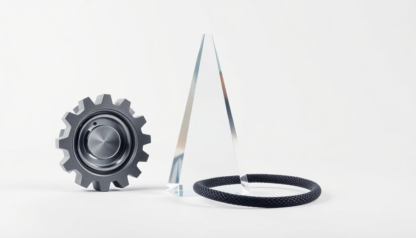 A photorealistic studio still life featuring polished metal, glass, and carbon fiber objects arranged in a minimalist, symbolic composition representing corporate strategy and infrastructure.