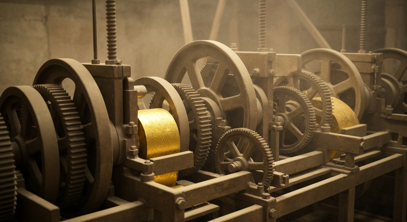 An extreme close-up of gleaming, industrial gold mining equipment and machinery, conveying the physical power and scale of the global gold mining industry.