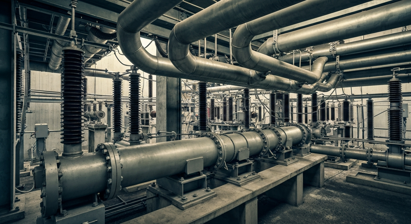 An extreme close-up of the intricate machinery and components of an electrical substation, conveying the complex infrastructure that powers the grid.