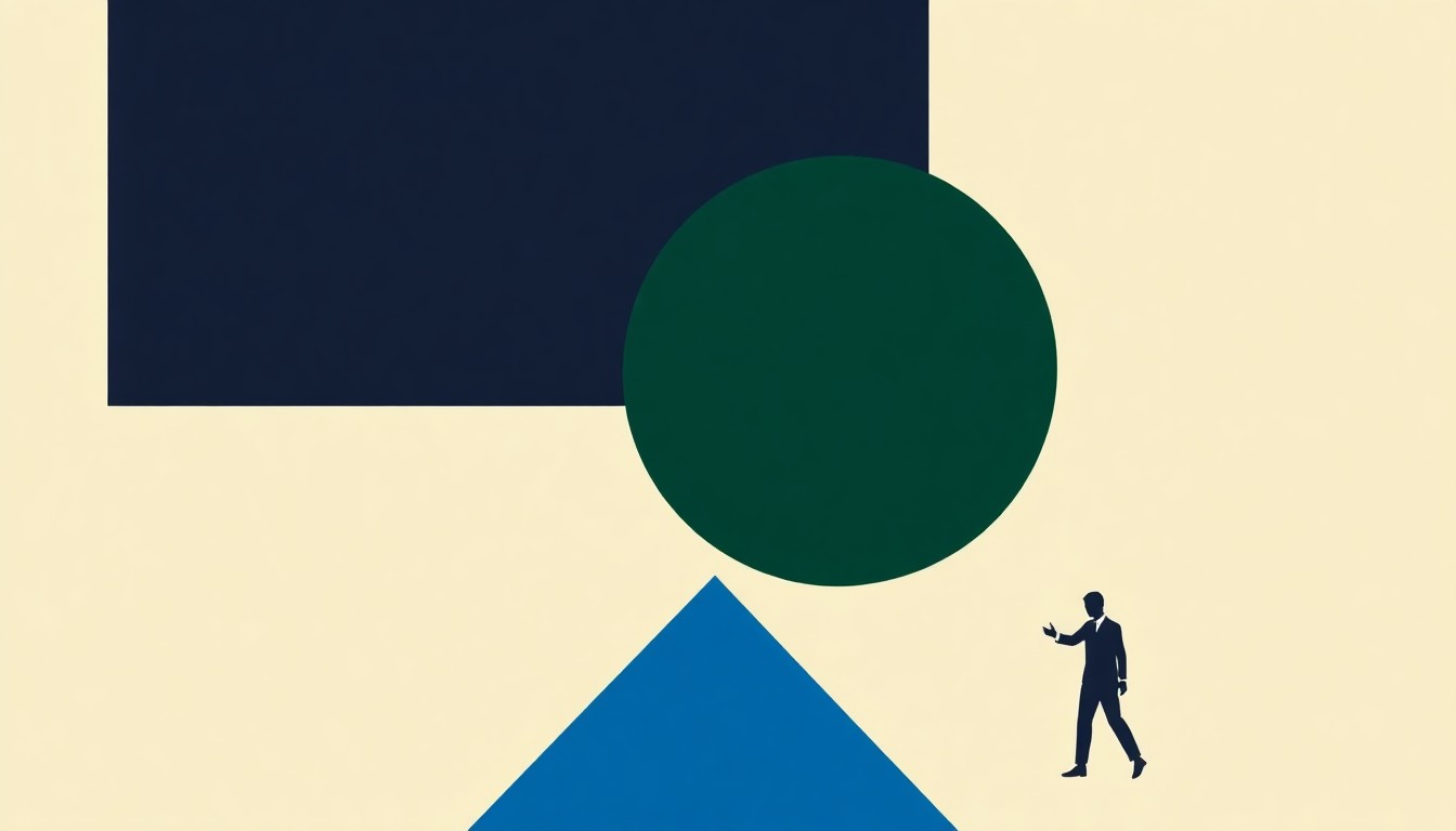 A minimalist composition of overlapping triangles and rectangles in shades of blue, red, and yellow, conceptually representing the uneven distribution of economic benefits.