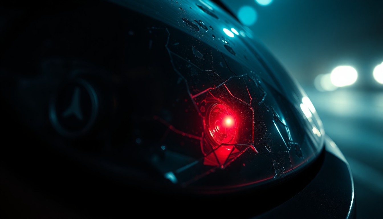 An extreme close-up photograph of a shattered car sensor lens reflecting a faint red light, conceptually illustrating the aftermath of a deadly vehicle crash.