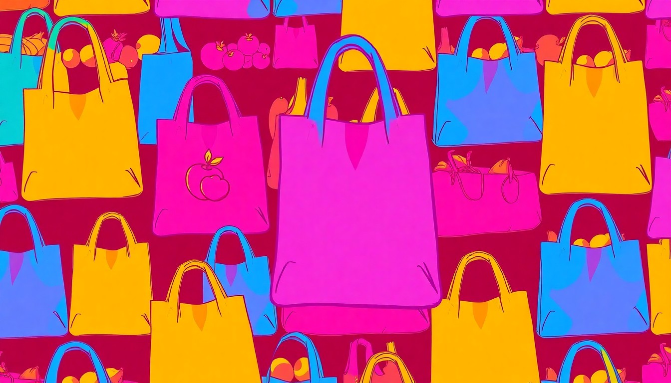 A brightly colored, high-contrast silkscreen print of a reusable grocery bag or produce item, repeated in a tight grid pattern, conceptually representing the joyful energy of a community festival.