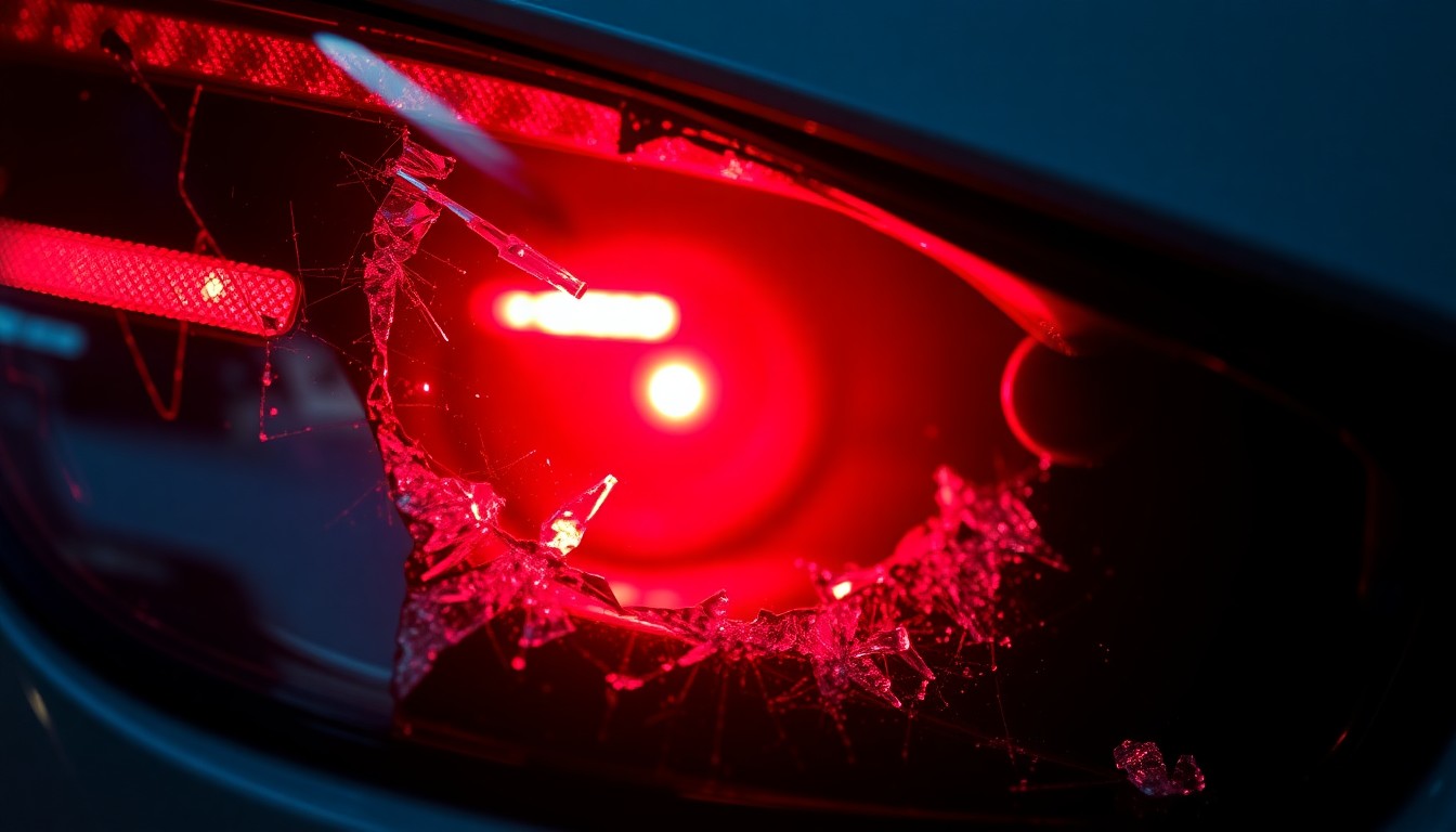 An extreme close-up of a shattered car sensor lens reflecting a faint red light, conceptually illustrating the vandalism of self-driving cars.
