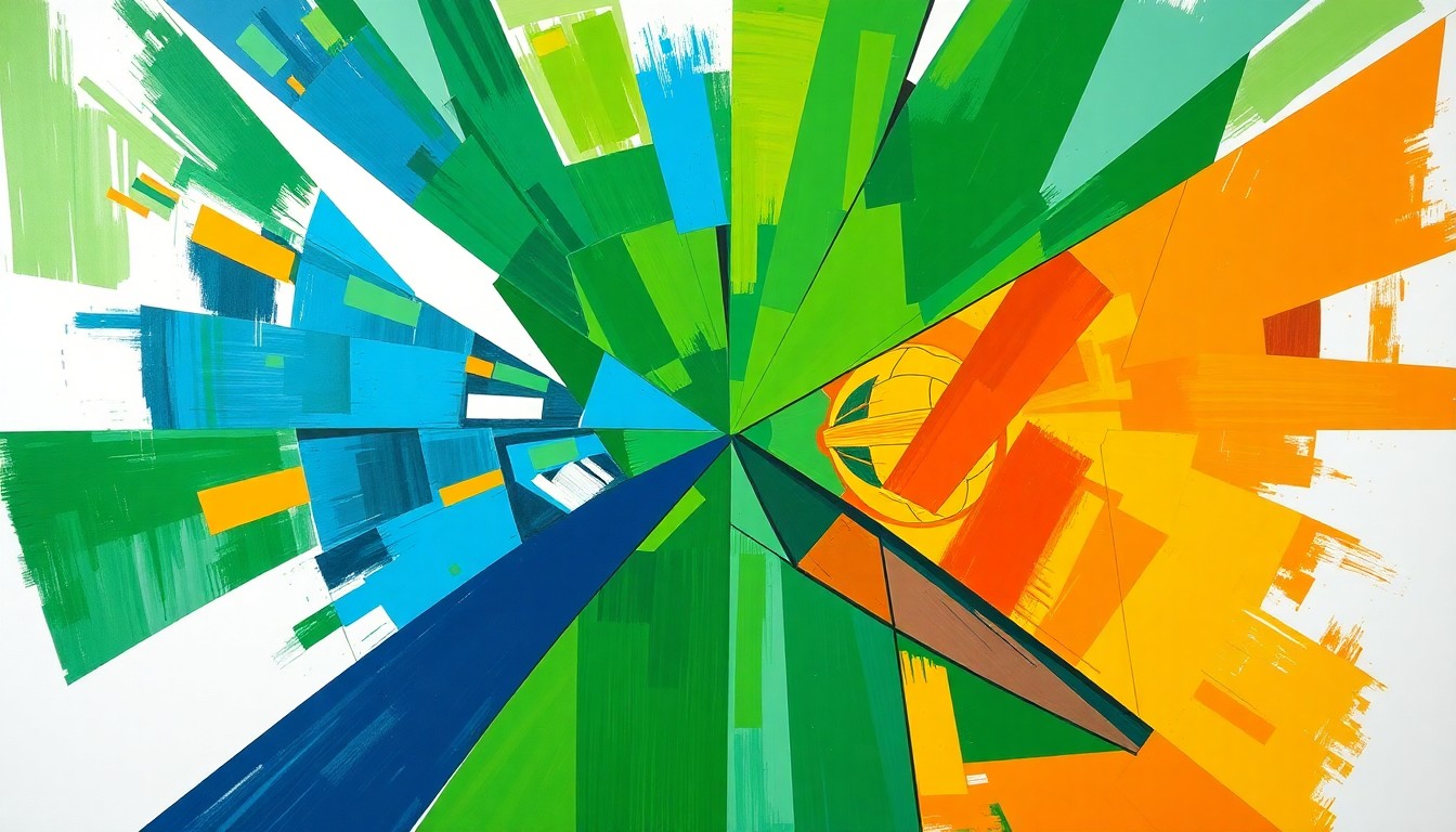 A fragmented, cubist-style painting depicting the action of a soccer match, with players and the field broken down into sharp, overlapping geometric shapes in shades of green, blue, and orange.
