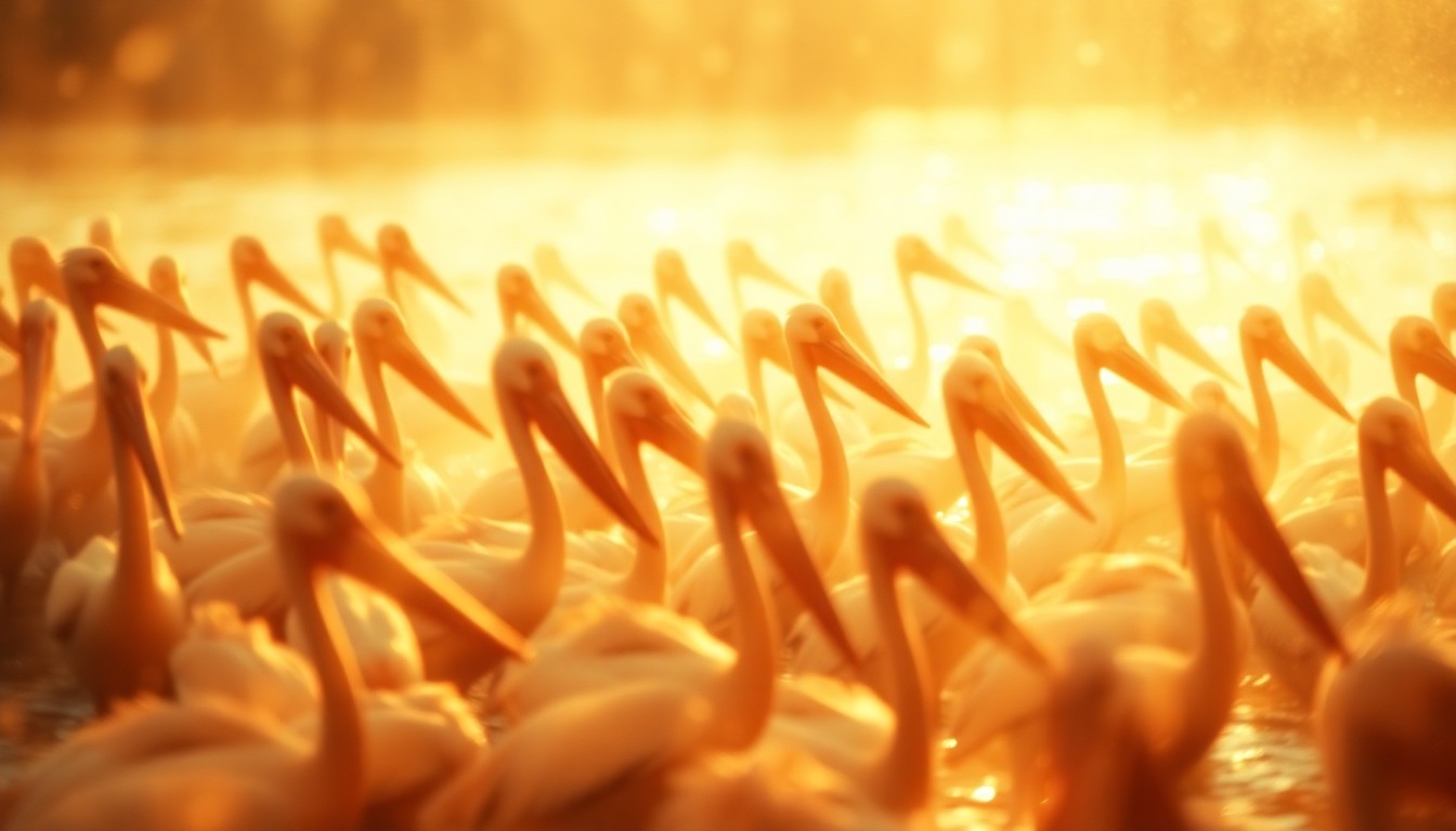 An abstract, impressionistic photograph of a flock of pelicans in flight, captured in soft, hazy pools of warm, golden light and color, conveying the sense of freedom and renewal as the birds return to their natural coastal habitat.