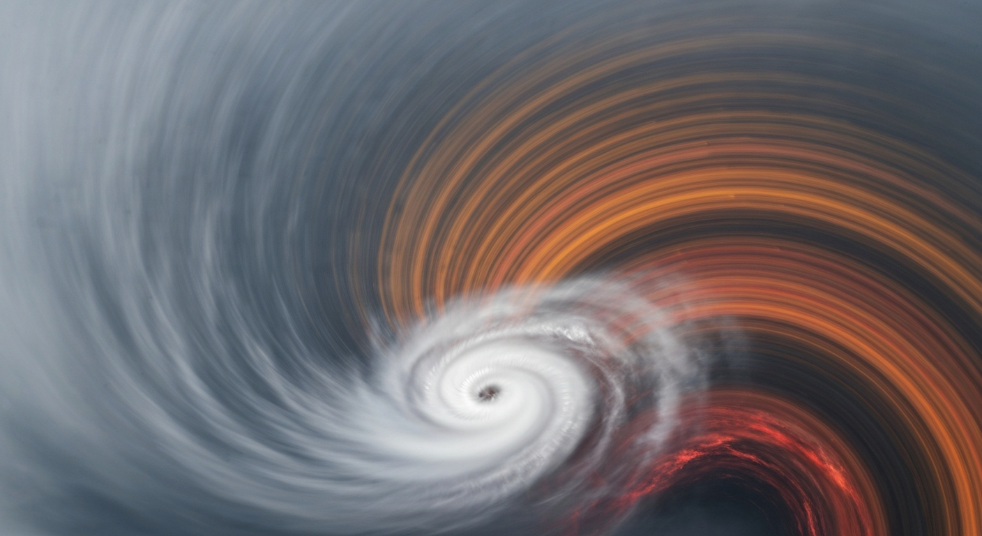 An image of a hurricane rendered in a dynamic, abstract style using sweeping, colorful brushstrokes to convey the storm's intensity and chaotic energy.