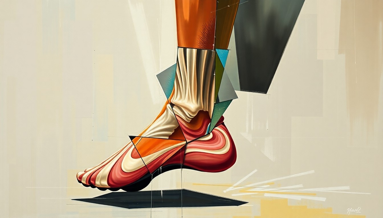 A fragmented, geometric painting depicting the various stages of a tennis player's ankle injury and rehabilitation, with sharp, overlapping shapes and planes representing the physical and mental challenges faced during the recovery process.