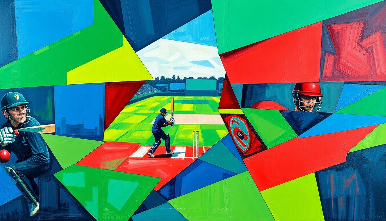 A cubist-style painting depicting a cricket match or competition, with the players and field broken down into sharp, overlapping geometric shapes in a vibrant color palette, capturing the energy and movement of the sport.