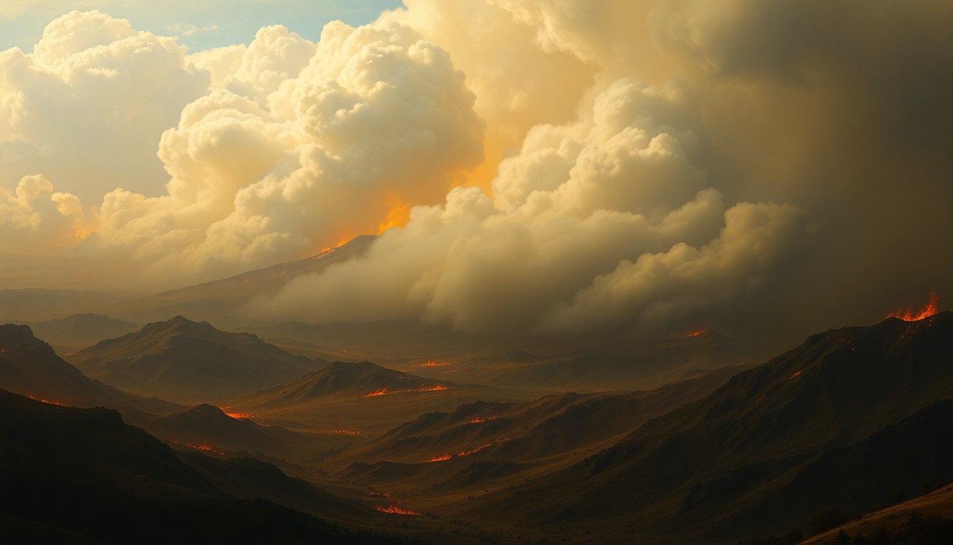 A sweeping, atmospheric landscape painting in muted tones of orange, gray, and blue, with a raging wildfire visible in the distance, its smoke and flames obscuring the horizon and dwarfing any visible human structures or figures.