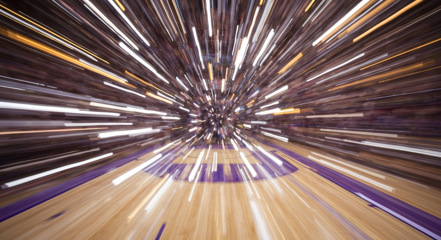 An abstract, colorful image depicting a basketball game between the Minnesota Timberwolves and the Los Angeles Lakers, with the players and court blurred into sweeping, dynamic strokes of paint, conveying the fast-paced, competitive nature of the rivalry.