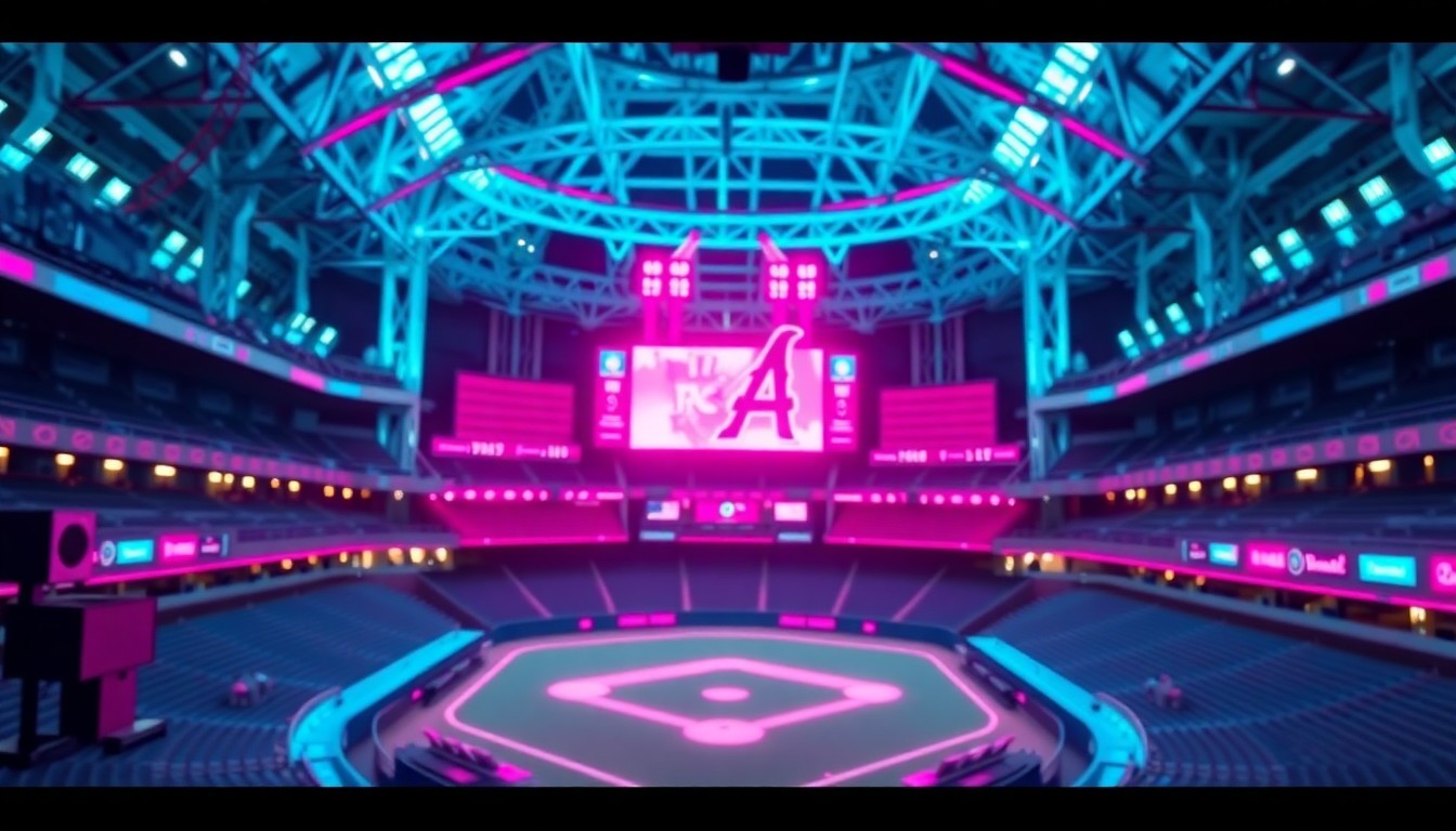A highly detailed, glowing 3D illustration of a baseball stadium's digital infrastructure, with various illuminated tech elements and components, conceptually representing the technological advancements powering the 2025 World Series.