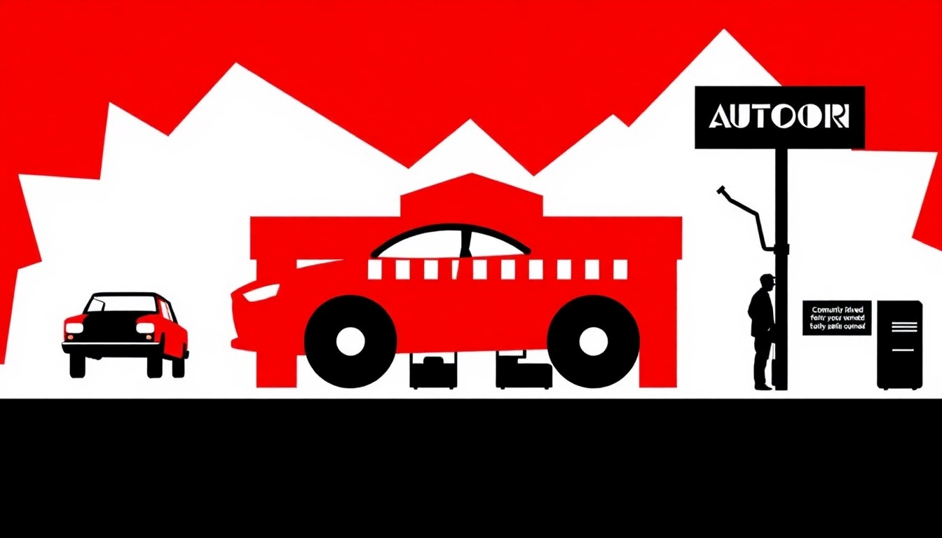 An abstract, minimalist illustration featuring bold, jagged shapes in red, black, and white, conceptually representing an auto repair shop and the enduring spirit of a family-owned local business.