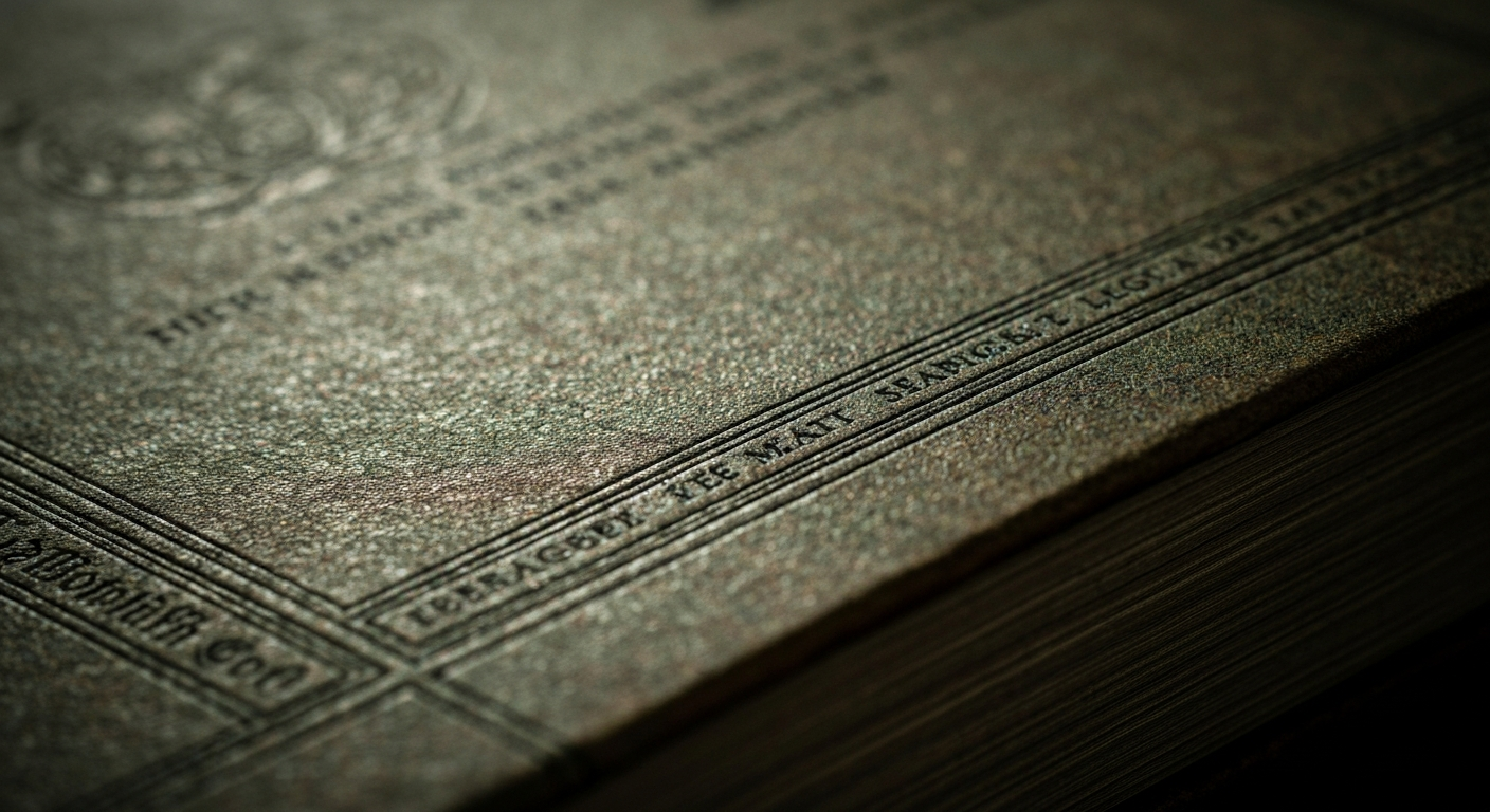 A close-up, dramatic photograph in the style of Imogen Cunningham, capturing the intricate textures and patterns of a Haitian legal document or law book. Muted, earthy tones of brown, green, and gray convey the serious and professional nature of the legal field.