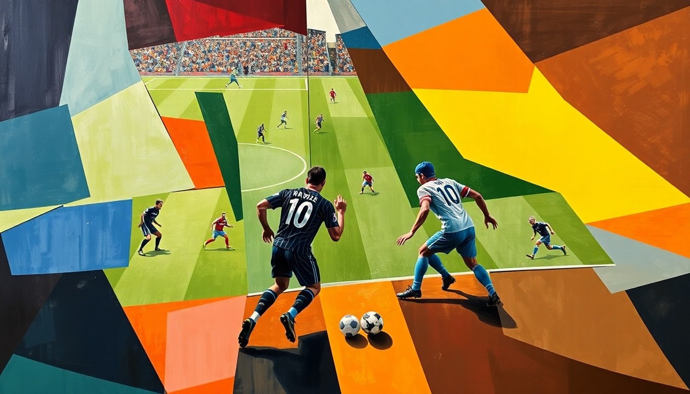 A cubist, geometric painting depicting a football match or competition broken down into sharp, overlapping planes of color and abstract shapes, representing the fragmented nature of player narratives and rivalries in the digital age.