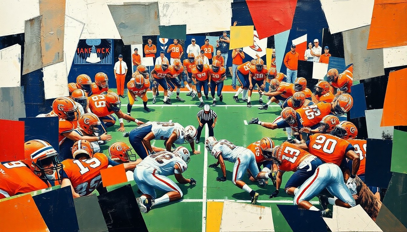 A cubist, geometric painting depicting an intense football scrimmage, with players and the field broken down into sharp, overlapping planes of auburn, navy, and white colors.