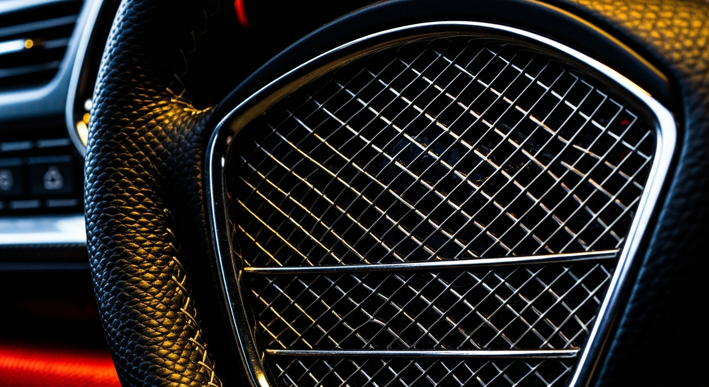 An extreme close-up of a finely textured automotive component, such as a pebbled leather steering wheel or woven mesh grille, captured in dramatic lighting to highlight the intricate patterns and vibrant colors that convey the craftsmanship and materials of modern vehicle design.