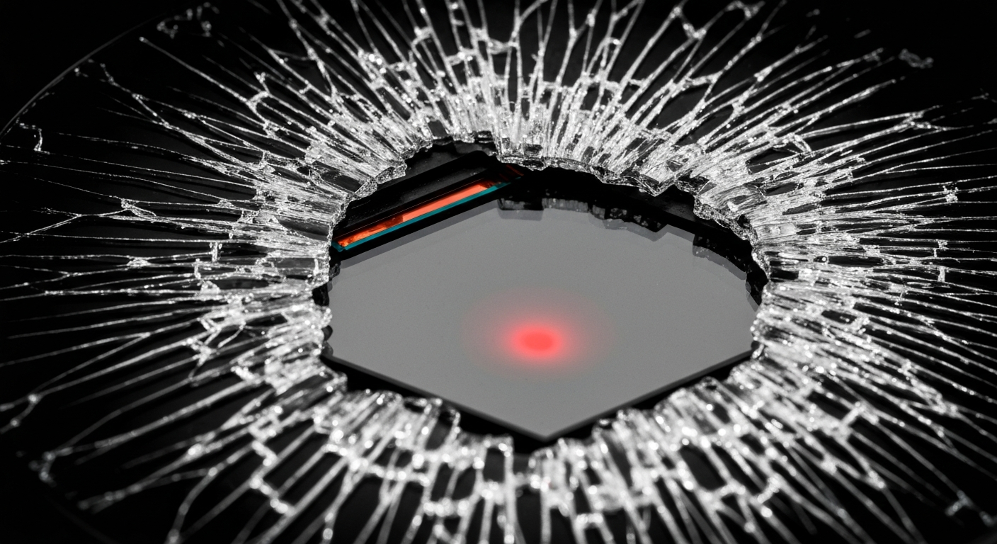 An extreme close-up of a shattered car sensor lens reflecting a faint red light, conceptually illustrating the vandalism of self-driving cars.