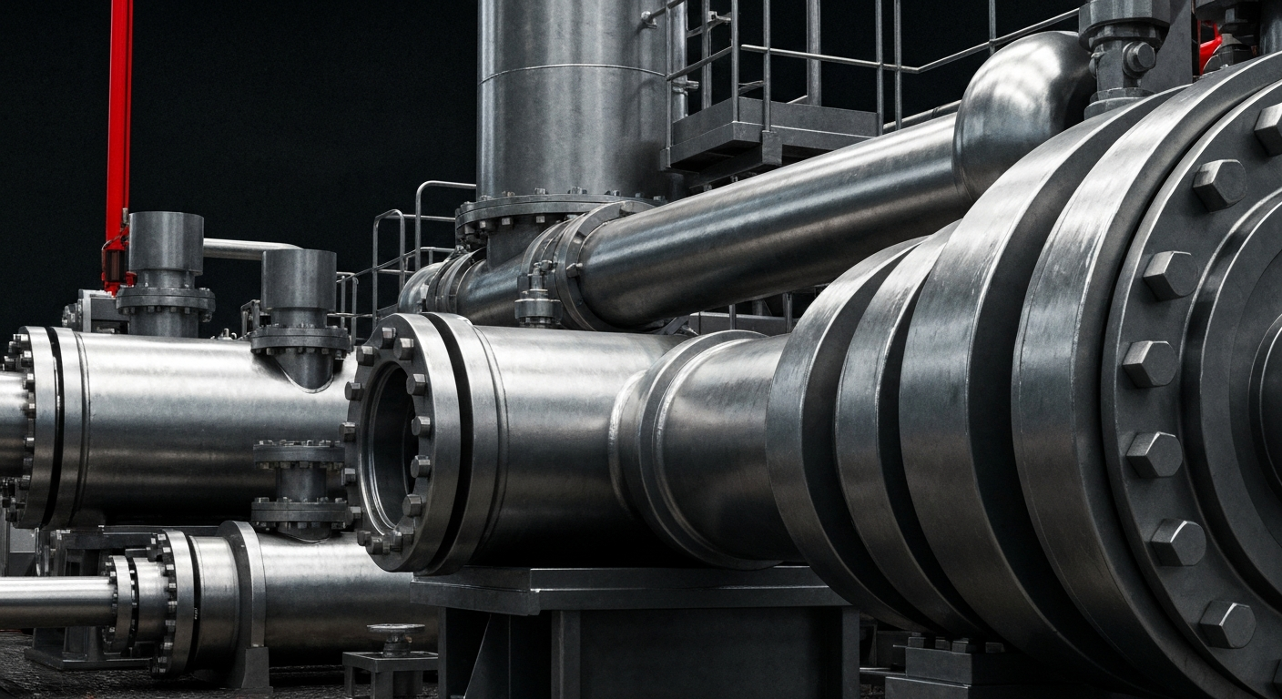 An extreme close-up of heavy, polished industrial equipment and machinery, conveying the physical scale and technical complexity of the oil and gas industry without using any text or identifiable branding.