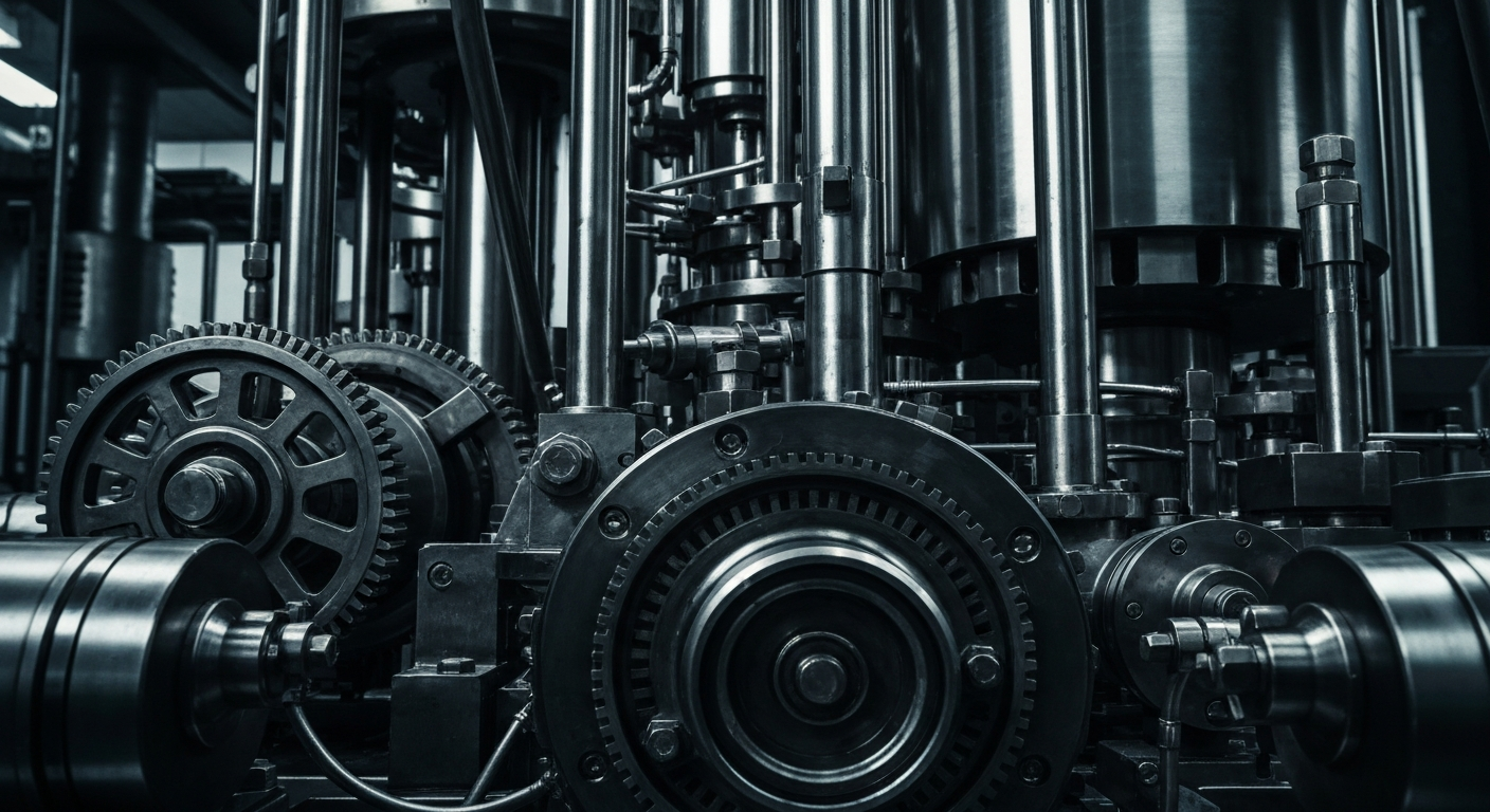 An extreme close-up of the intricate gears and mechanisms of a high-tech pharmaceutical manufacturing machine, rendered in a heavy industrial style with a sense of scale and complexity.