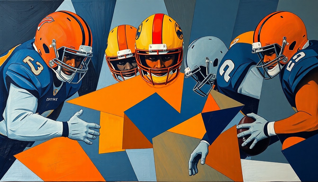A fractured, cubist-style painting depicting the silhouettes of football players in an offensive line, broken down into sharp, overlapping geometric shapes in shades of blue, grey, and orange, conveying the multifaceted nature of evaluating offensive line prospects.