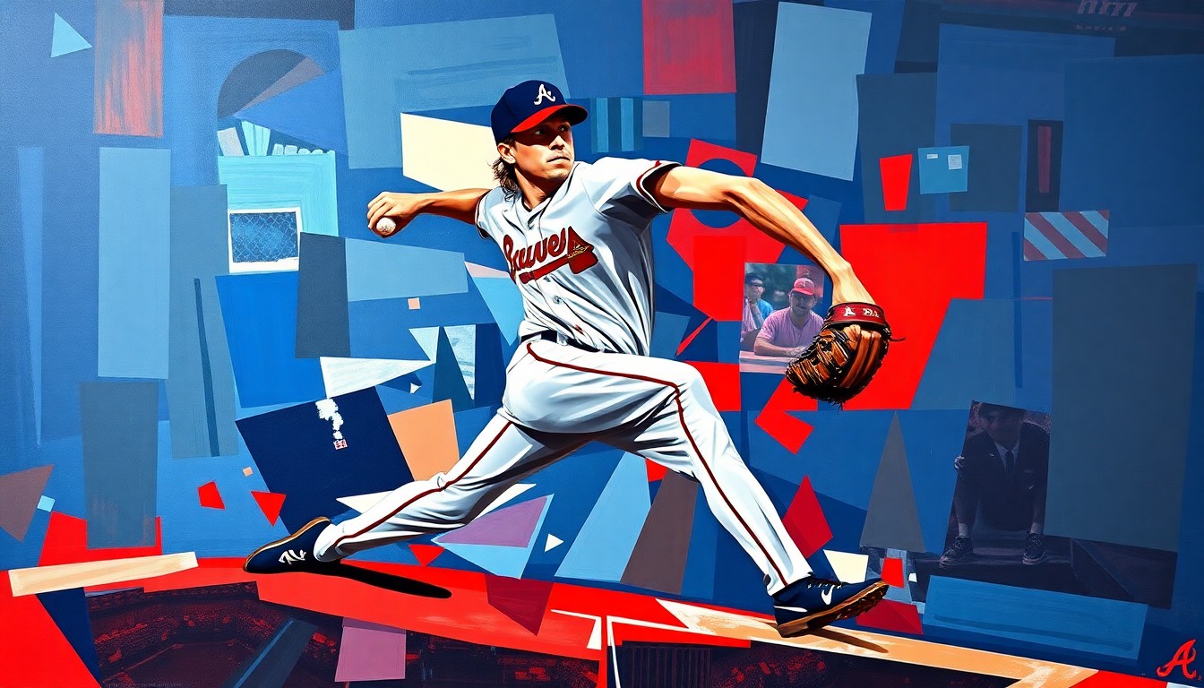 A fractured, multi-perspective painting depicting the motion and delivery of a baseball pitcher, with sharp, overlapping geometric planes in the vibrant colors of the Atlanta Braves' uniform, conceptually representing the dynamic resurgence of Chris Sale's career.
