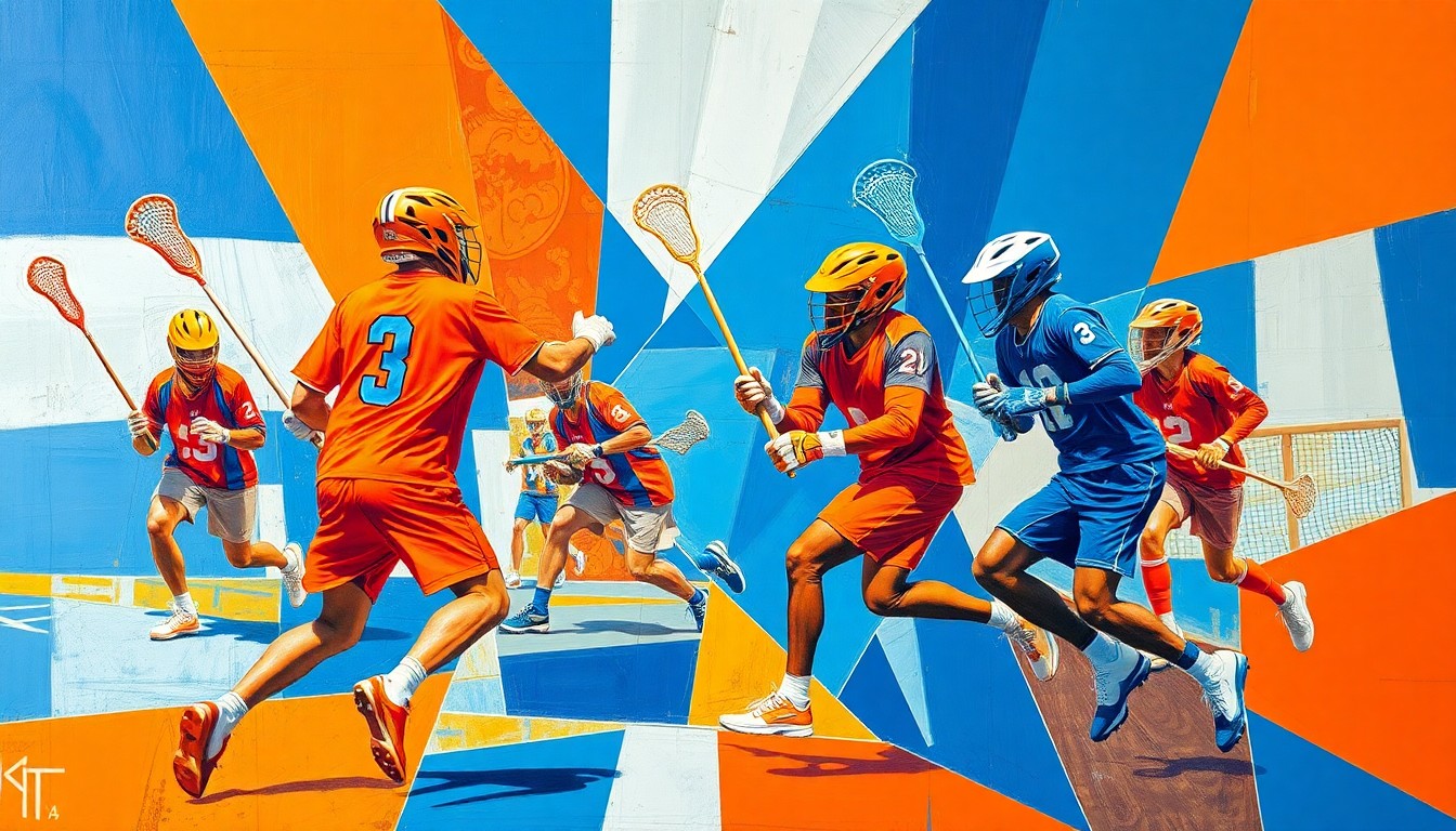 A fractured, cubist-style painting depicting a lacrosse game, with the players' forms broken down into sharp, overlapping geometric shapes in vibrant shades of orange and blue.