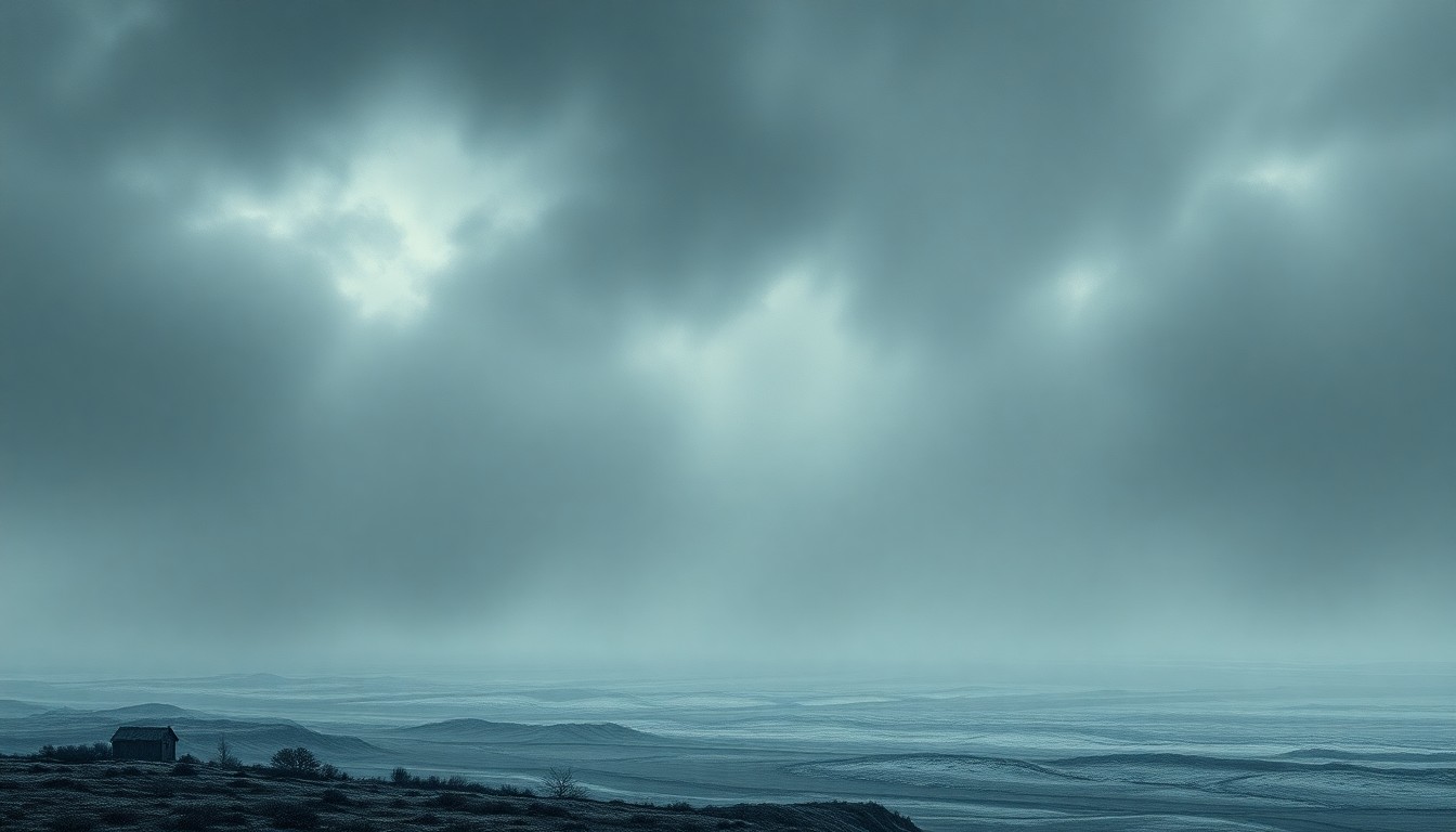 A vast, atmospheric landscape painting in muted tones of gray, blue, and white, with a small structure barely visible through the heavy fog, conveying the overwhelming scale and power of the natural environment.