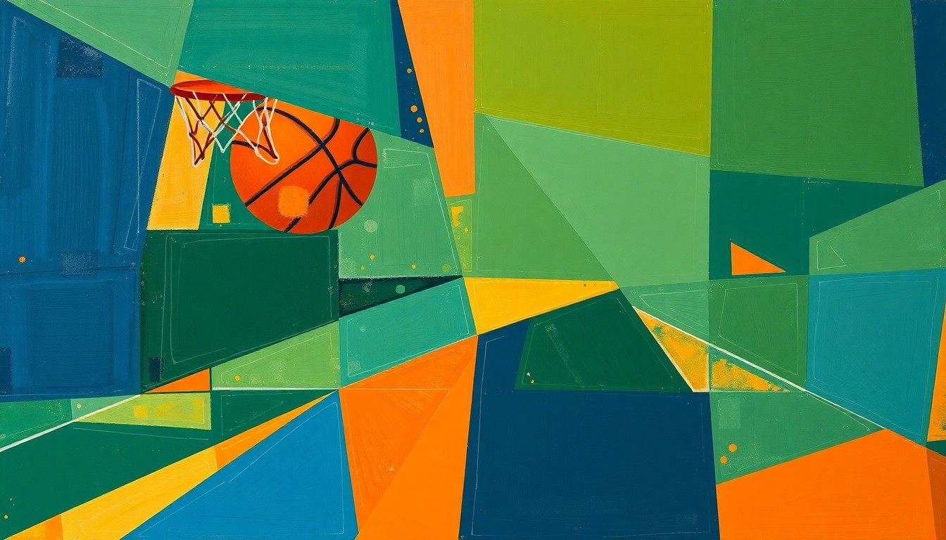 A fragmented, geometric painting depicting a basketball game or match, with sharp planes of navy blue, forest green, and burnt orange overlapping to create a dynamic, multi-perspective visual.