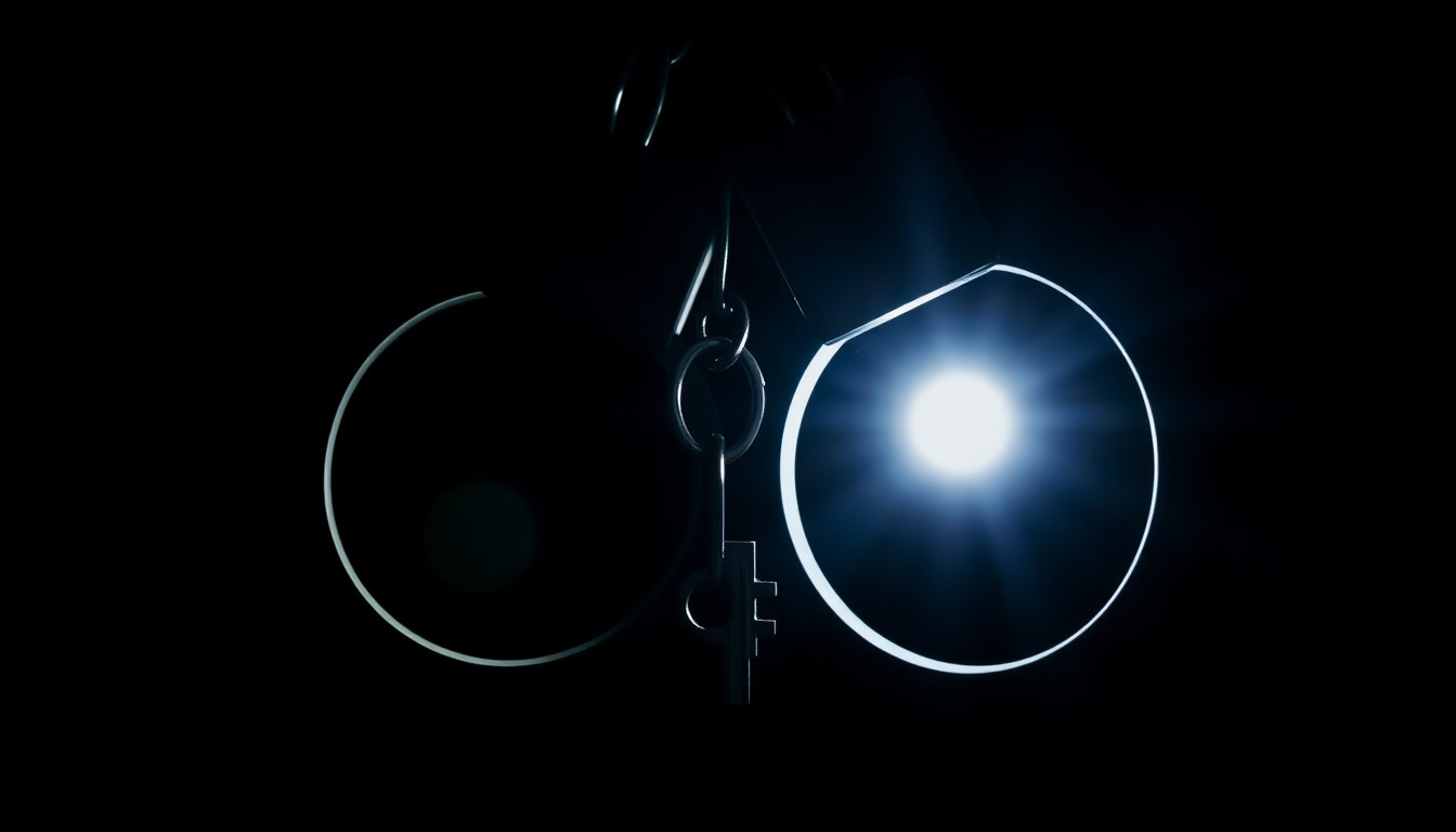 An extreme close-up photograph of a set of handcuffs or a jail cell key, lit by a harsh, direct camera flash against a pitch-black background, creating a stark, gritty, investigative aesthetic.
