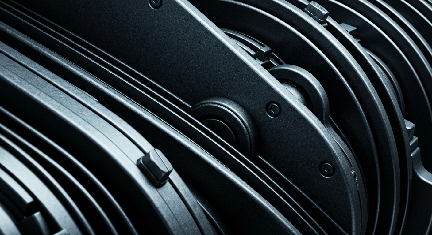 An extreme close-up of heavily textured, industrial banking machinery in shades of grey, blue, and black, conceptually representing the financial security and institutional power of the banking industry.