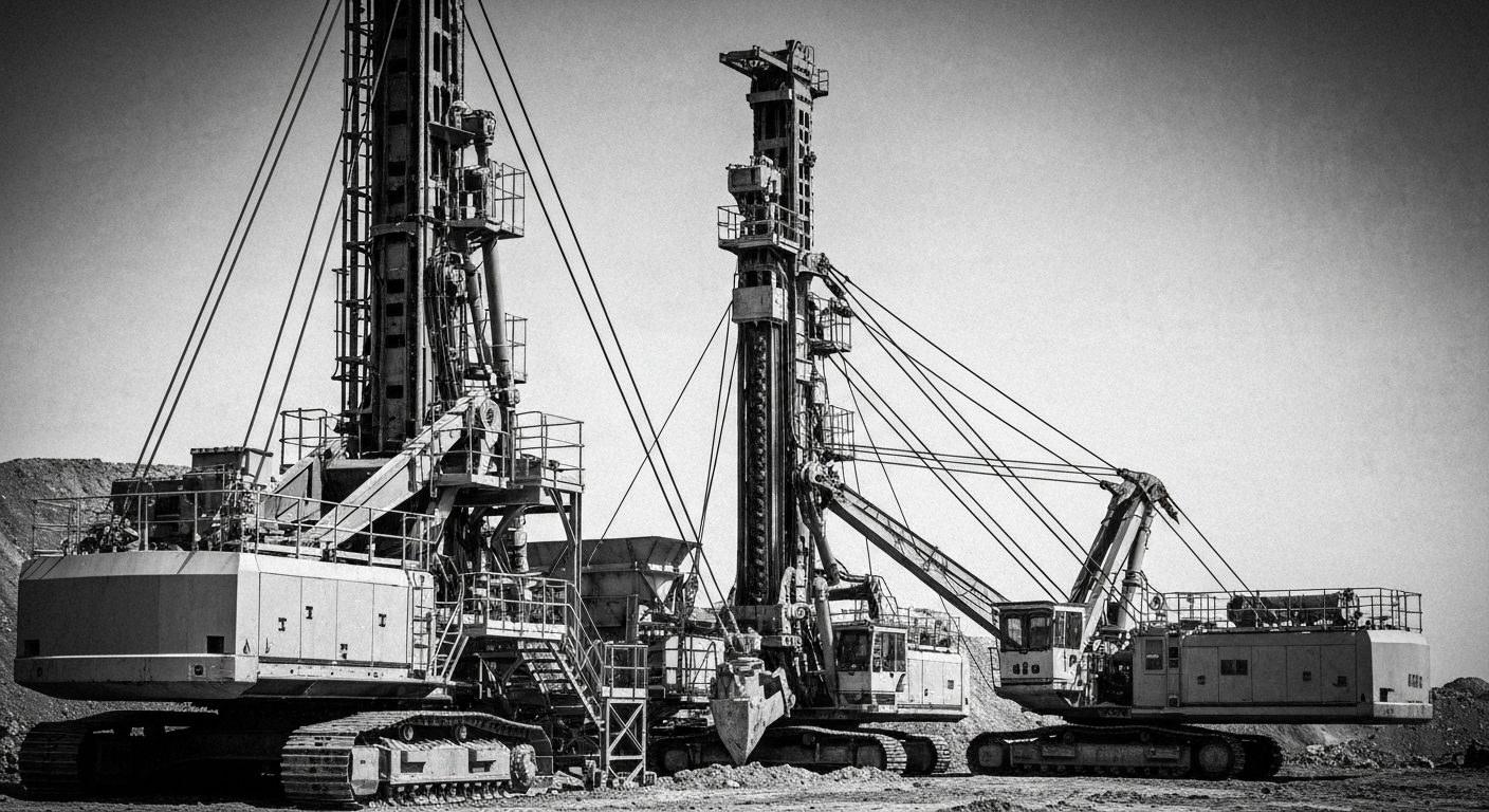 A high-contrast, close-up black and white photograph of heavy gold mining machinery and equipment, such as drills, excavators, or ore processing facilities, conveying the industrial scale and power of Newmont's mining operations.