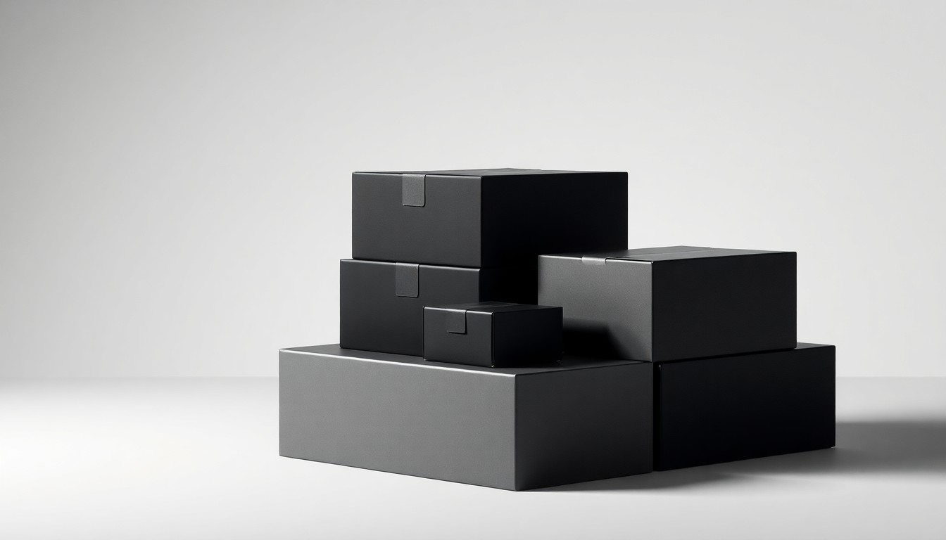A high-end, photorealistic studio still-life photograph featuring a stack of premium matte black and silver shipping boxes arranged elegantly on a clean, monochromatic background, conceptually representing the logistics and supply chain management services of FedEx Corporation.