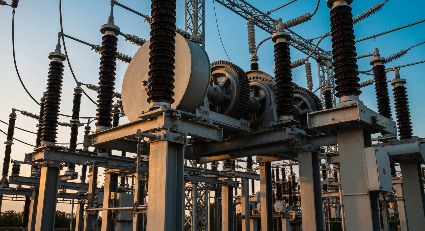 An extreme close-up of the heavy, industrial machinery and gears of an electric power substation, conveying the scale and complexity of the utility's infrastructure as a metaphor for its stability and long-term appeal to investors.
