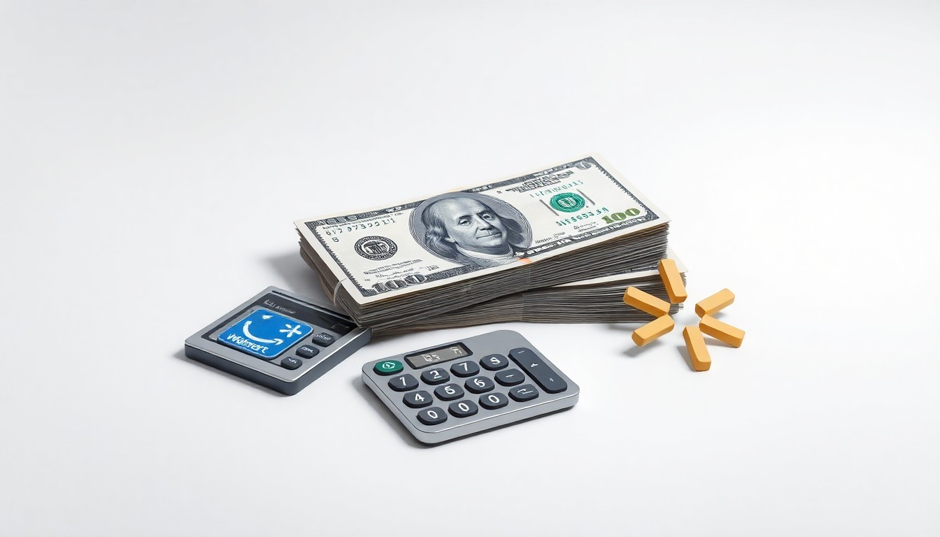 A photorealistic studio still life featuring a stack of dollar bills, a calculator, and a stylized Walmart logo icon, symbolizing the company's robust financial performance and appeal to institutional investors.