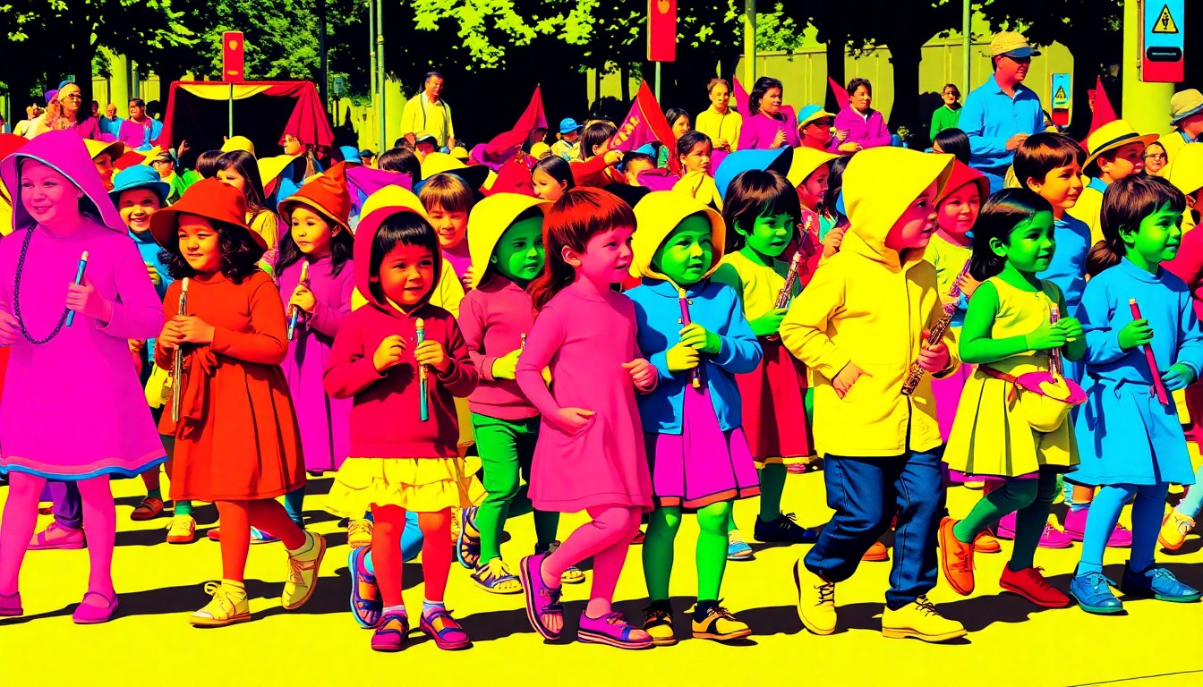 A vibrant, abstract grid of children marching in a parade, their colorful costumes and instruments rendered in a bold, pop art style.