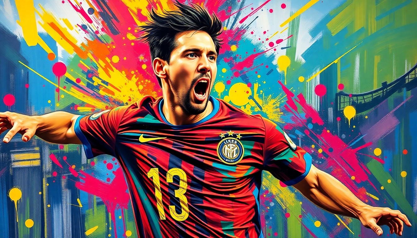 An abstract, expressionist painting in vibrant neon colors depicting the dynamic motion and energy of a soccer player scoring a goal, with the player's features and details dissolving into unrecognizable brushstrokes.