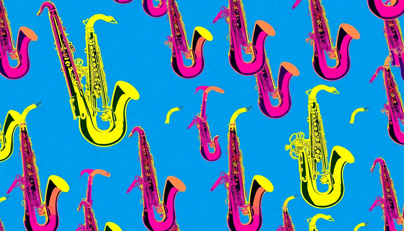 A brightly colored, high-contrast silkscreen print of a musical instrument such as a saxophone or trumpet, repeated in a tight grid pattern, capturing the joyful energy of arts education in Edina schools.