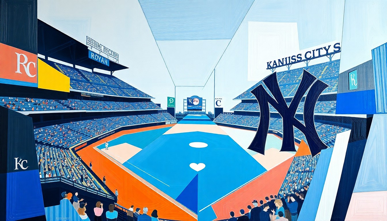 A cubist, geometric painting depicting a baseball game between the Kansas City Royals and New York Yankees, with the players and field fractured into sharp, overlapping planes of blue, navy, and white.