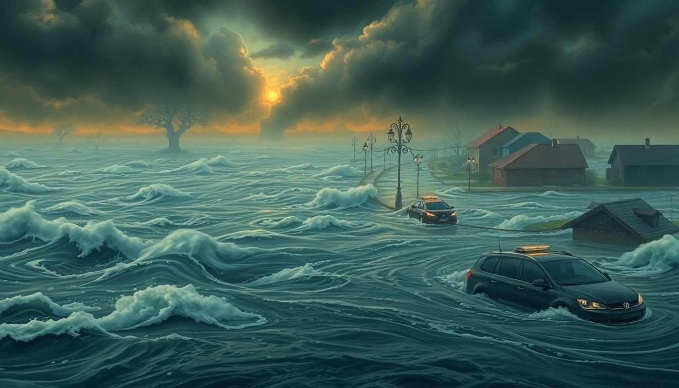 A sweeping, atmospheric landscape painting depicting a flooded residential street, with only the tops of cars and street lamps visible above the turbulent floodwaters, conveying the overwhelming power of nature's destructive forces.