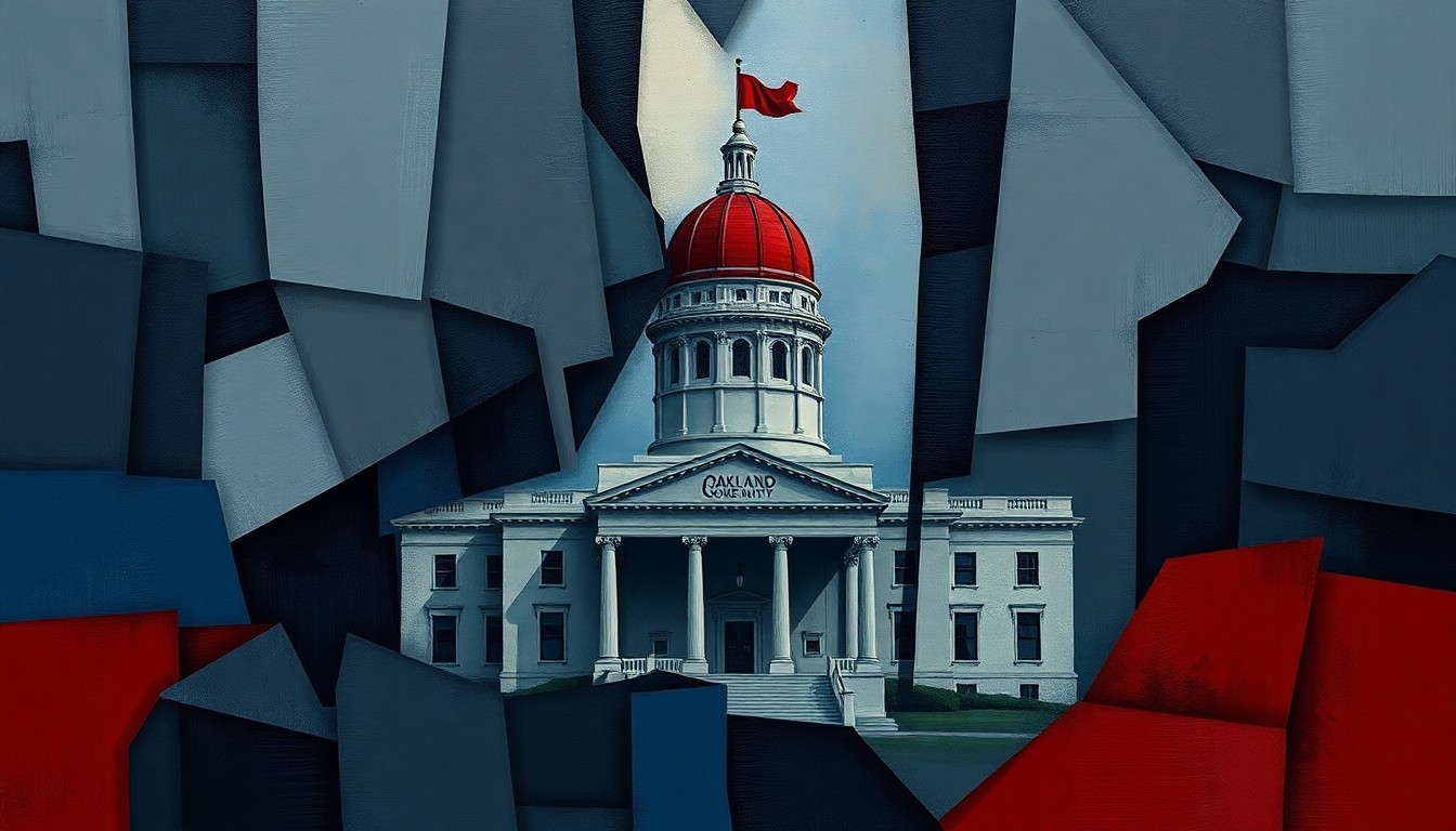 A dynamic, fragmented painting in shades of blue, grey, and red depicts an abstract government building or symbol, conveying a sense of political upheaval and unrest.